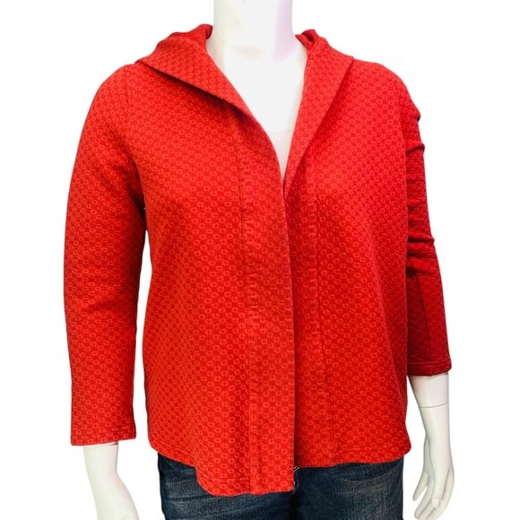 J JIll Womens Hooded Cardigan Red Textured Knit Open Front Long Sleeve Size L - Picture 2 of 12